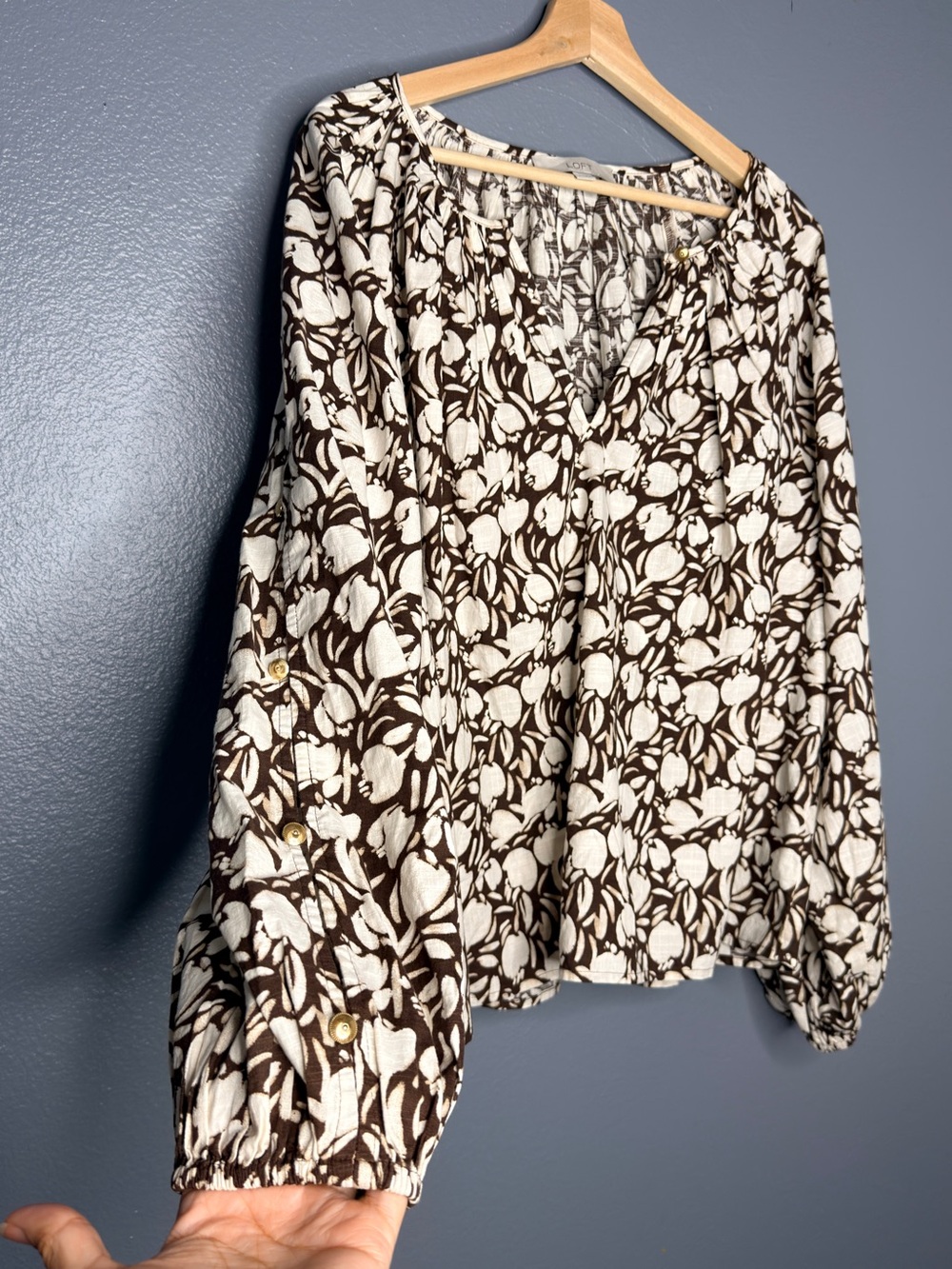 Loft Cotton Women's Brown & Cream Floral oversize Gold Detail Peasant Top Large